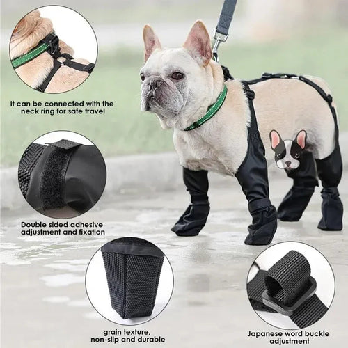Bottes imperméables pour chien : détails (attache au collier, velcro, semelle antidérapante, bretelles)